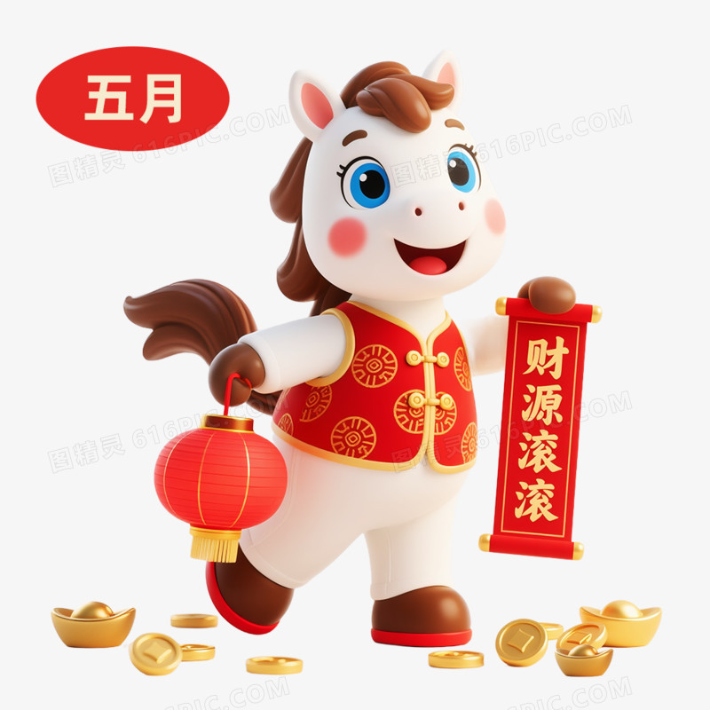 3D卡通马年IP形象日历五月免抠元素