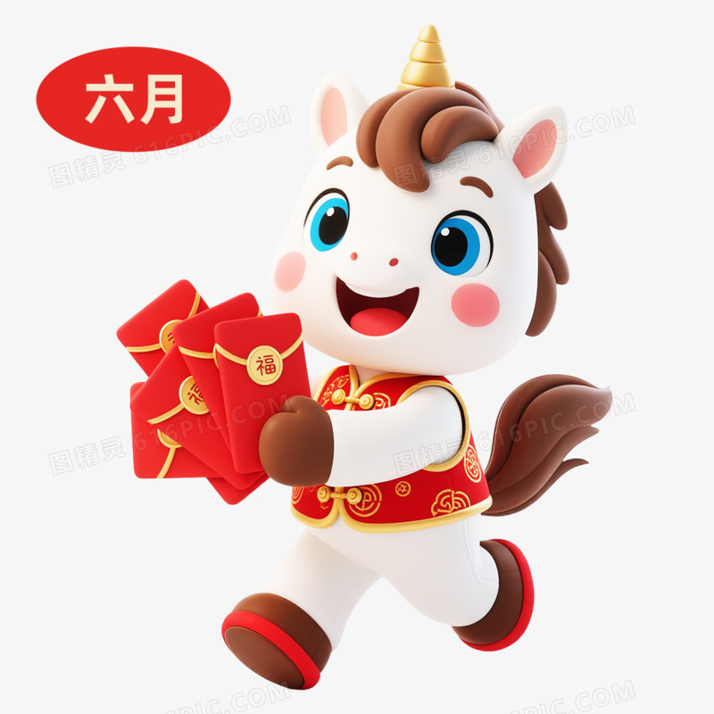 3D卡通马年IP形象日历六月免抠元素