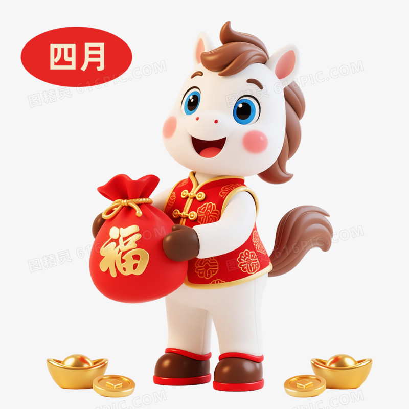 3D卡通马年IP形象日历四月免抠元素