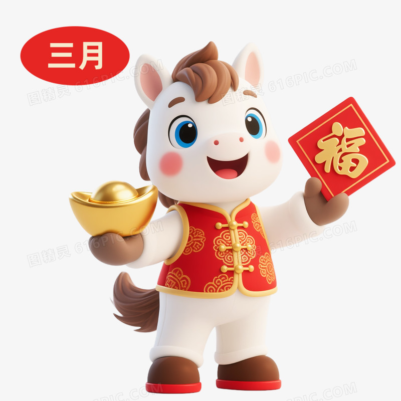3D卡通马年IP形象日历三月免抠元素