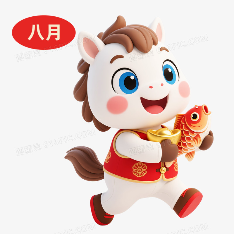 3D卡通马年IP形象日历八月免抠元素
