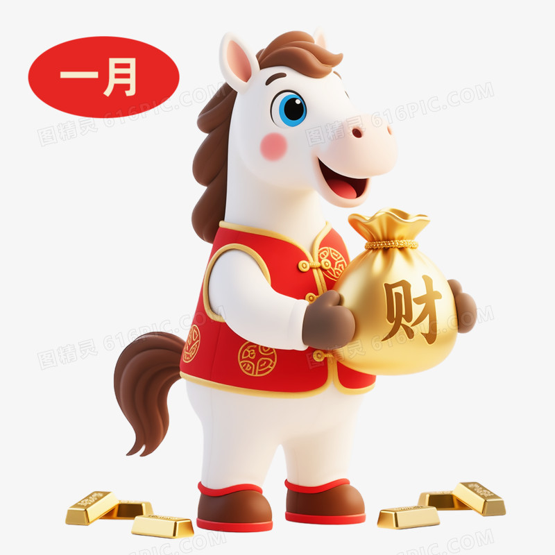 3D卡通马年IP形象日历一月免抠元素