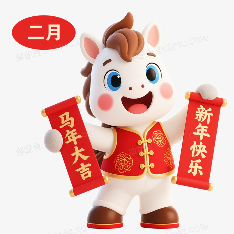 3D卡通马年IP形象日历二月免抠元素