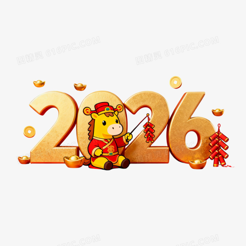 马年2026数字与卡通马形象合成免抠元素