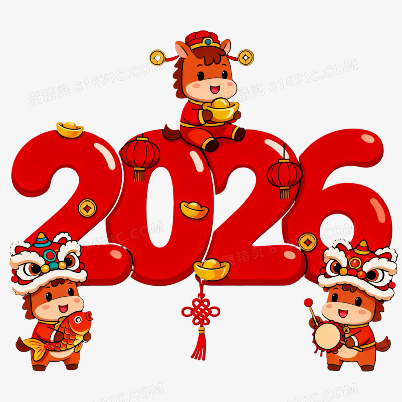 马年2026数字与卡通马形象合成免抠元素