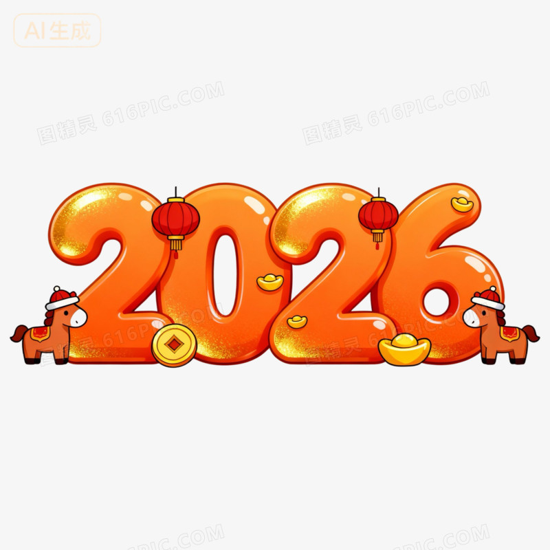 马年2026数字与卡通马形象合成免抠元素