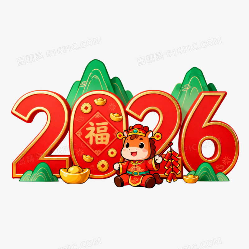 马年2026数字与卡通马形象合成免抠元素