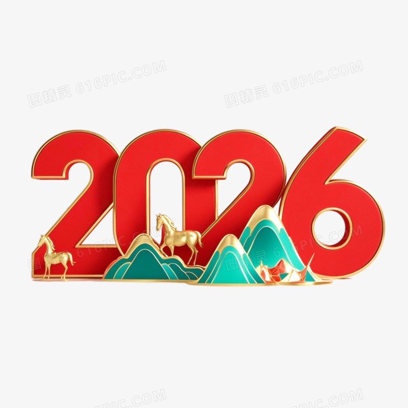 马年2026数字与卡通马形象合成免抠元素