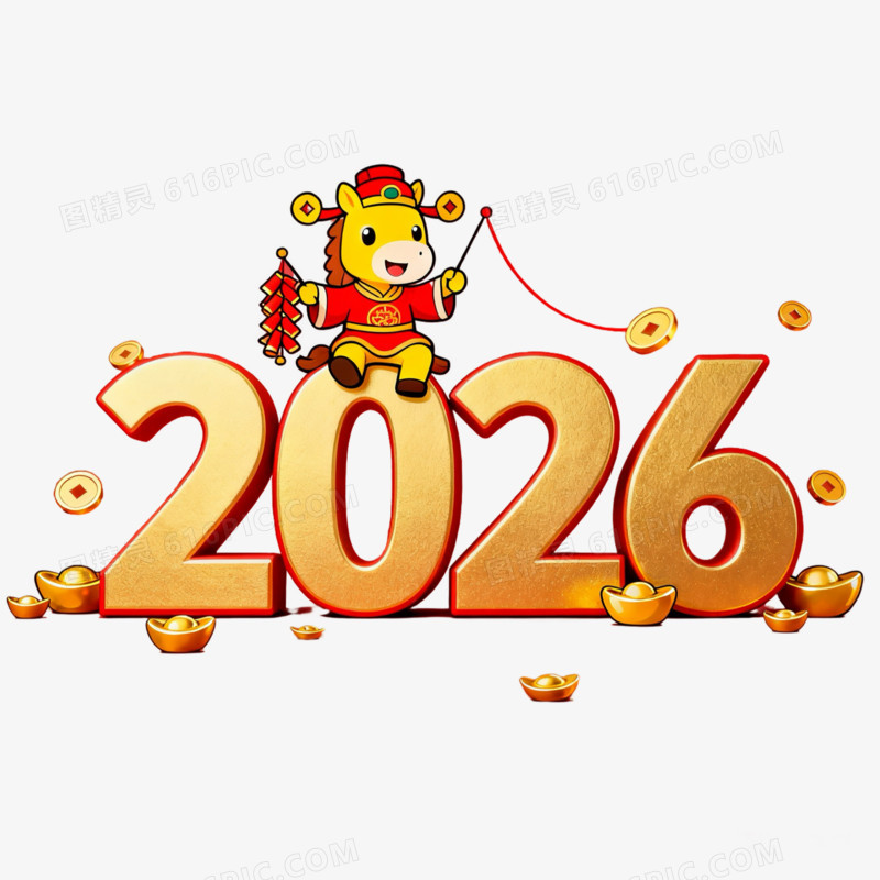 马年2026数字与卡通马形象合成免抠元素