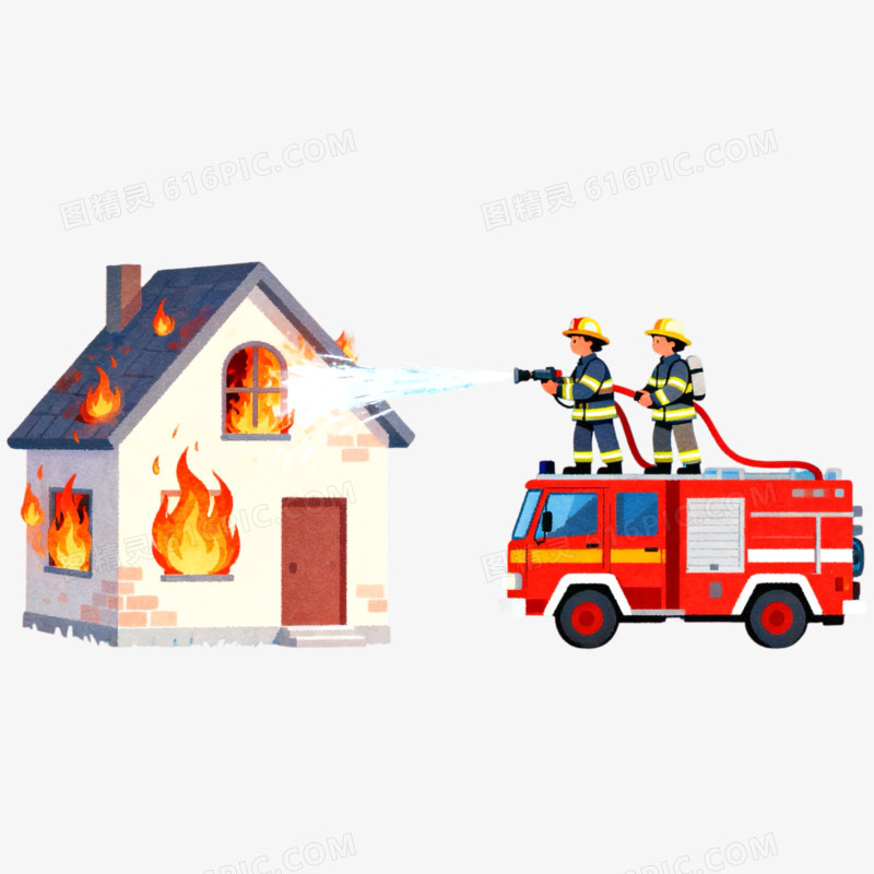 房屋着火火灾消防员消防安全免抠元素