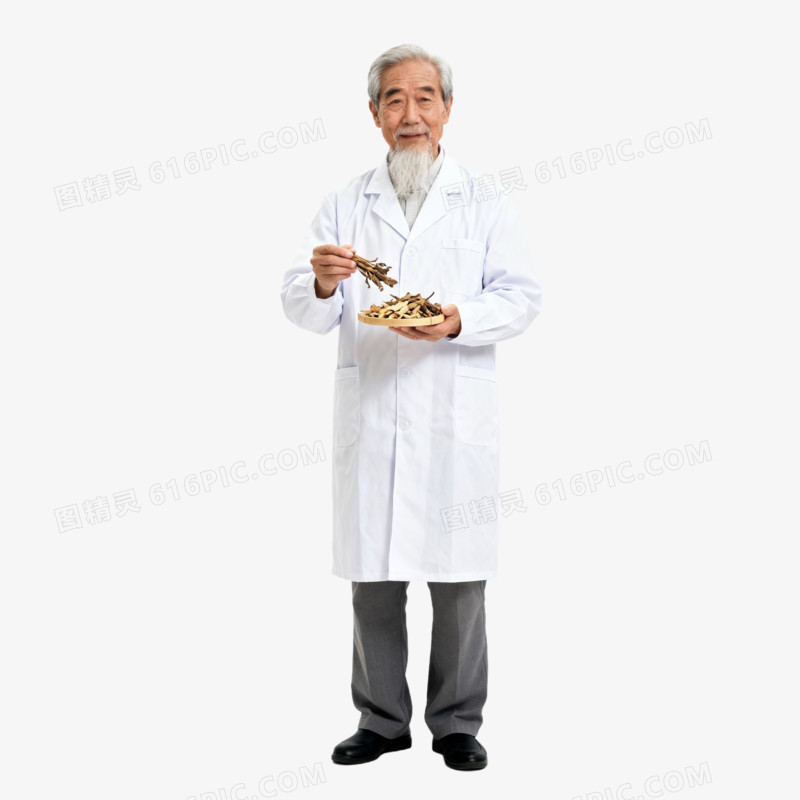 摄影一个穿着白大褂老中医手拿着中药材免抠元素