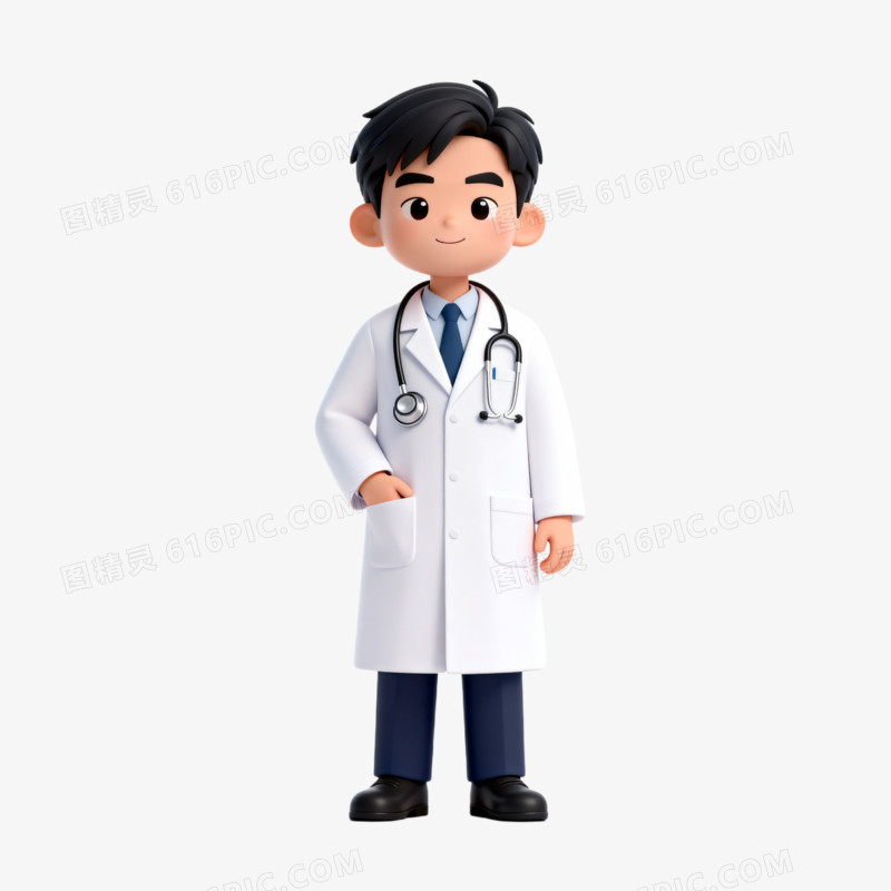 3D卡通穿着白大褂挂着听诊器的男医生免抠元素