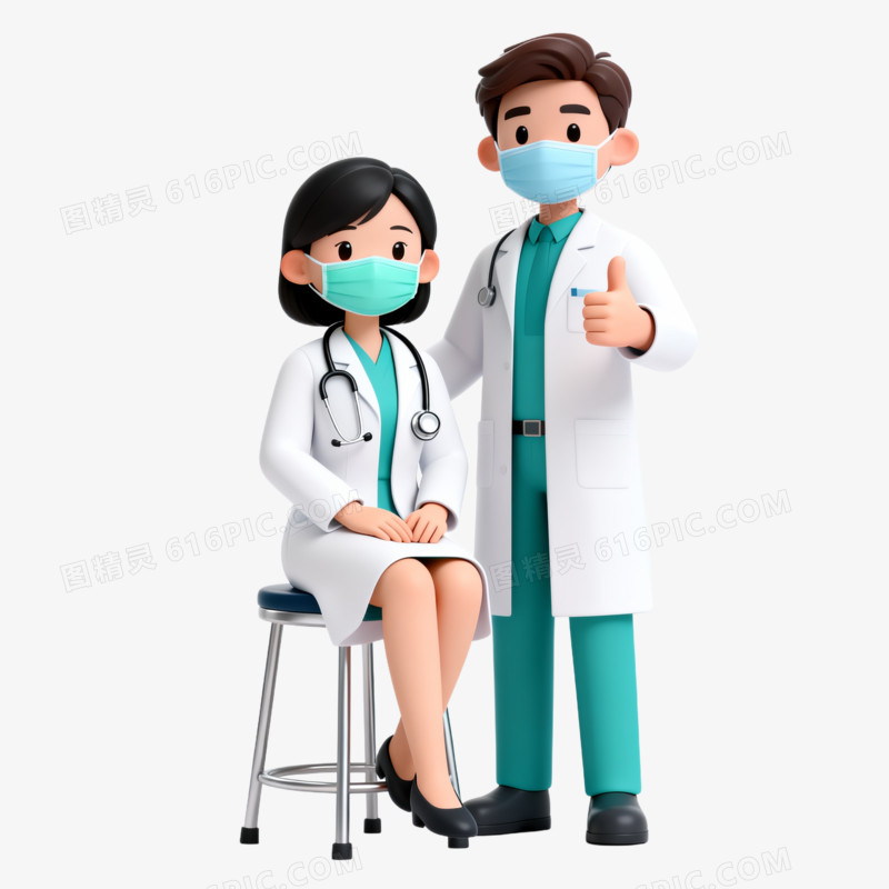 3D卡通穿着白大褂挂着听诊器的女医生戴着口罩坐在高凳上旁边给站着一个男医生免抠元素