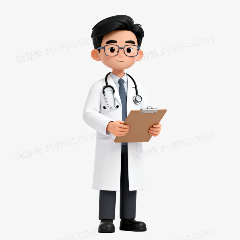 3D卡通穿着白大褂挂着听诊器的带着眼镜男医生手上拿着文件夹免抠元素