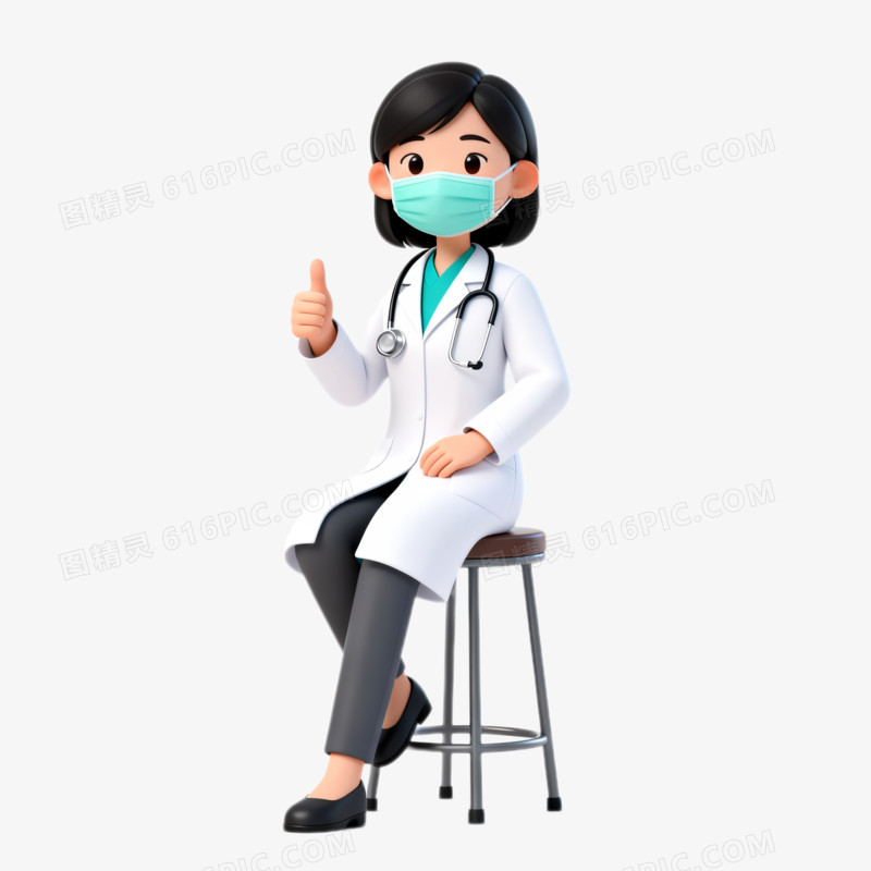 3D卡通穿着白大褂挂着听诊器的女医生戴着口罩坐在高凳上免抠元素
