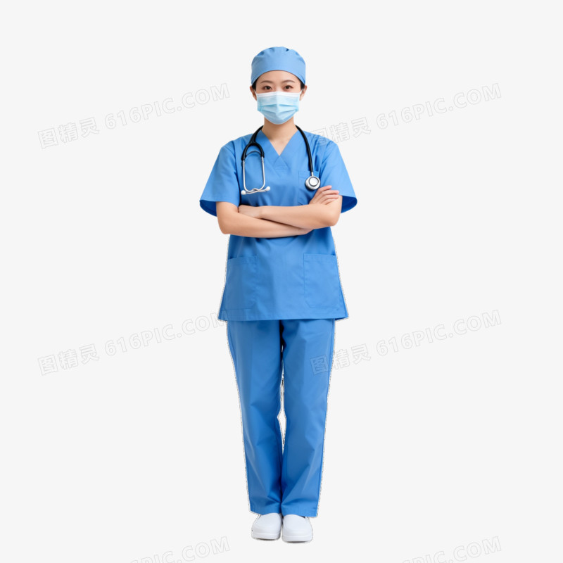 摄影穿着蓝色手术服挂着听诊器戴着口罩的女医生免抠元素