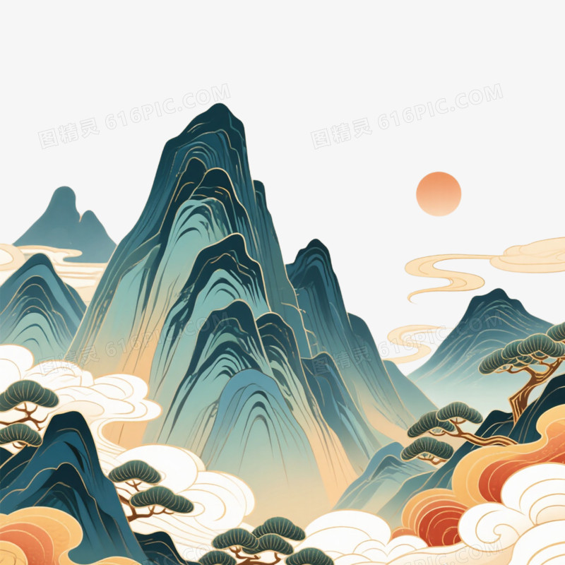 山脉山峰国潮风免抠元素