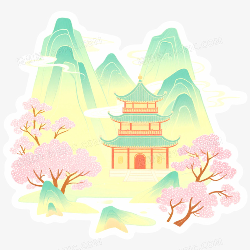 手绘插画国潮风山脉免抠元素