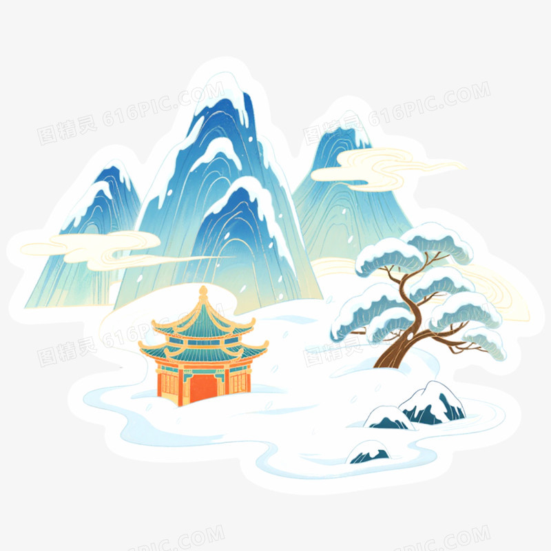 手绘插画国潮风山脉免抠元素