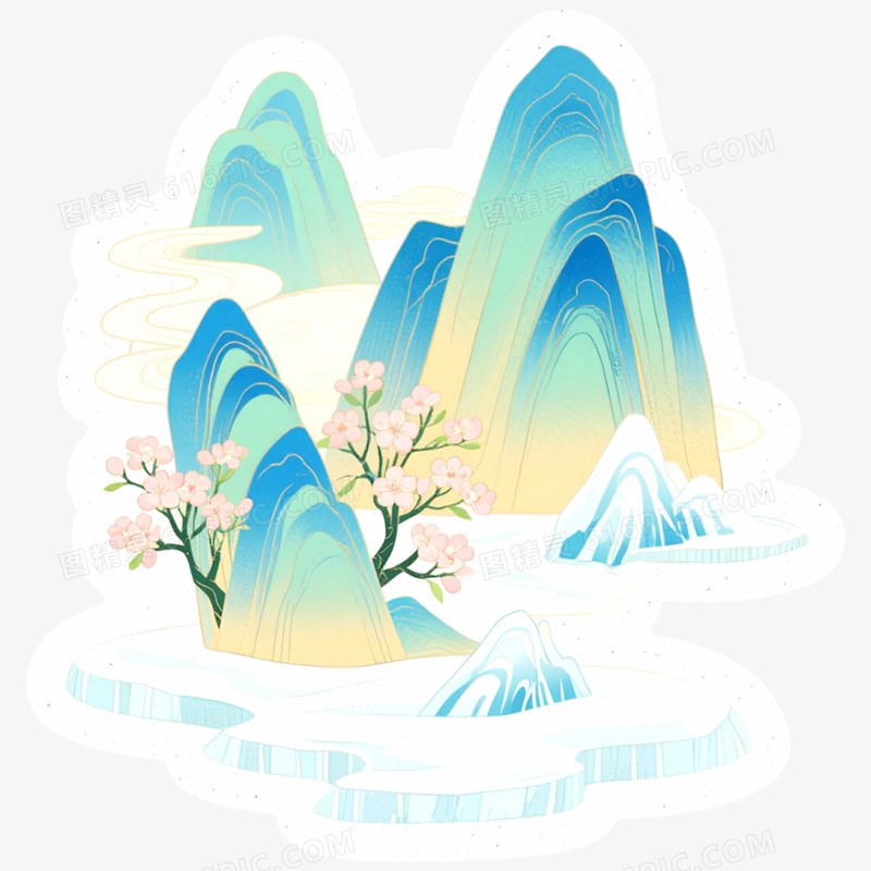 手绘插画国潮风山脉免抠元素