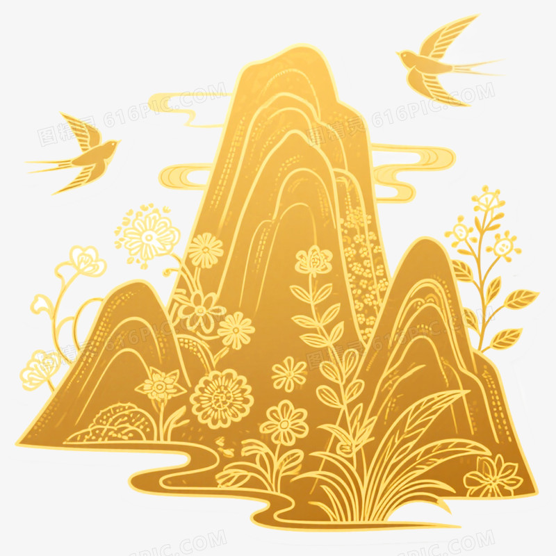 手绘插画国潮风山脉免抠元素