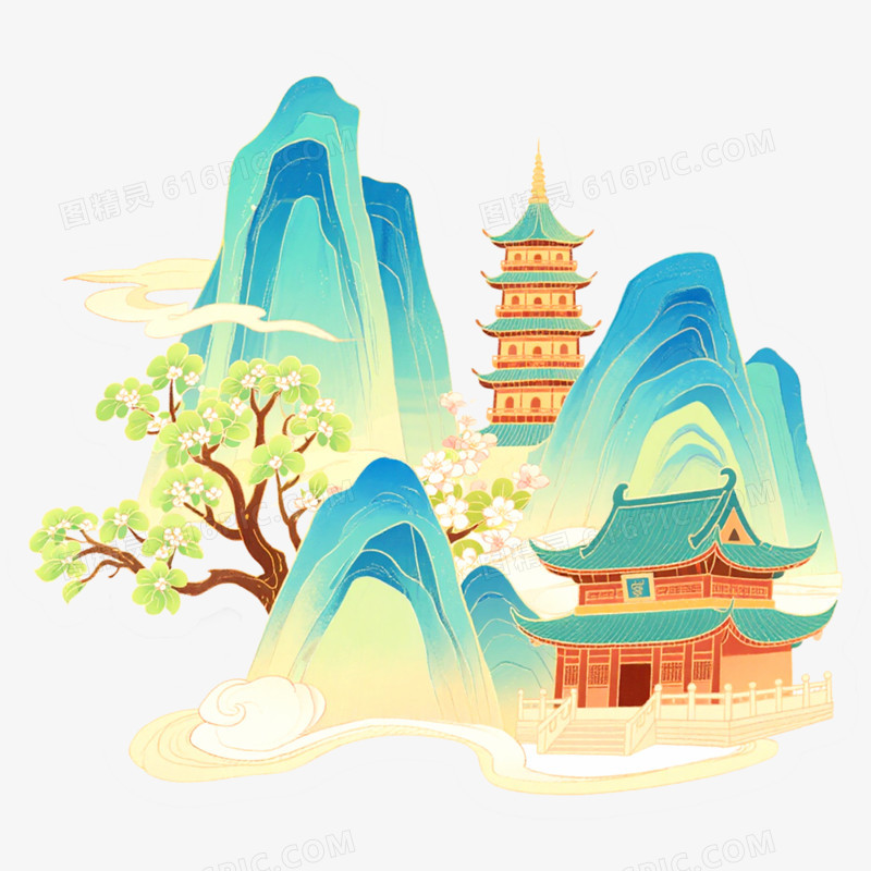 手绘插画国潮风山脉免抠元素