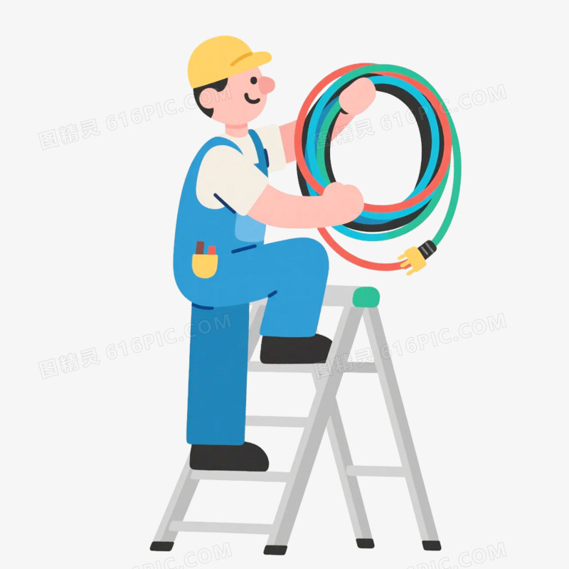 卡通插画风维修工人维修场景免抠元素