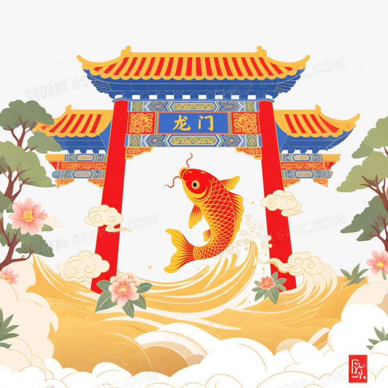 卡通插画风龙门牌坊建筑免抠元素