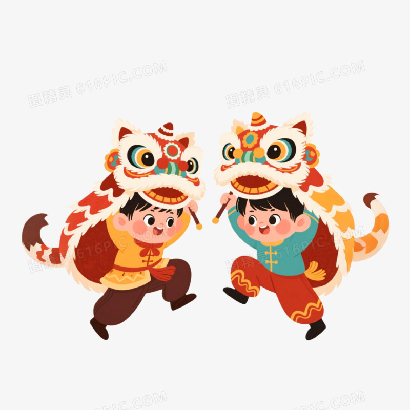 国潮插画风格舞龙舞狮免抠元素