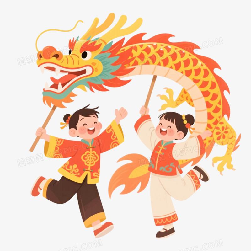 卡通插画风舞龙舞狮免抠元素