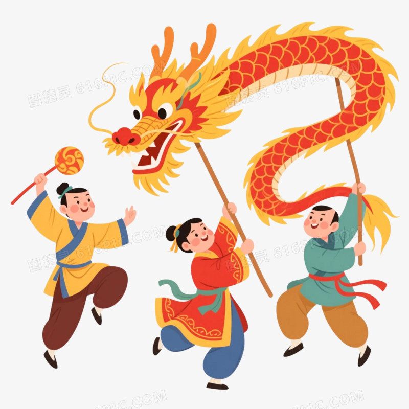 卡通插画风舞龙舞狮免抠元素