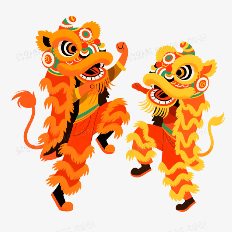 国潮插画风格舞龙舞狮免抠元素