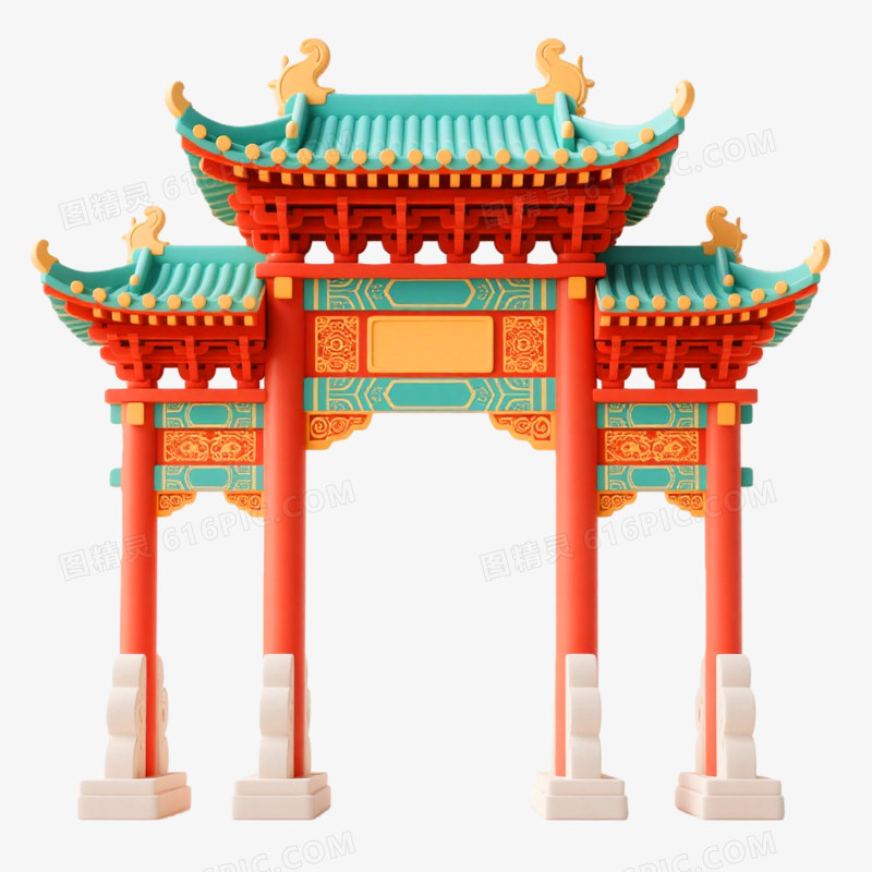 3D插画风格牌坊楼免抠元素