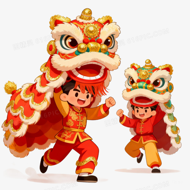 插画风喜庆春节舞龙舞狮免抠元素