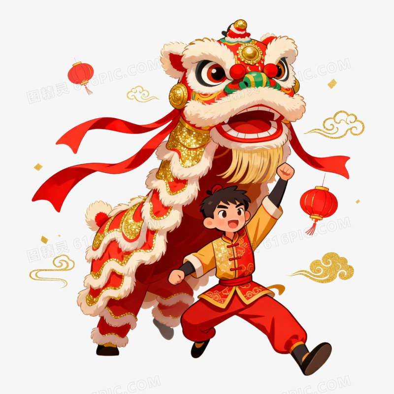 插画风喜庆春节舞龙舞狮免抠元素