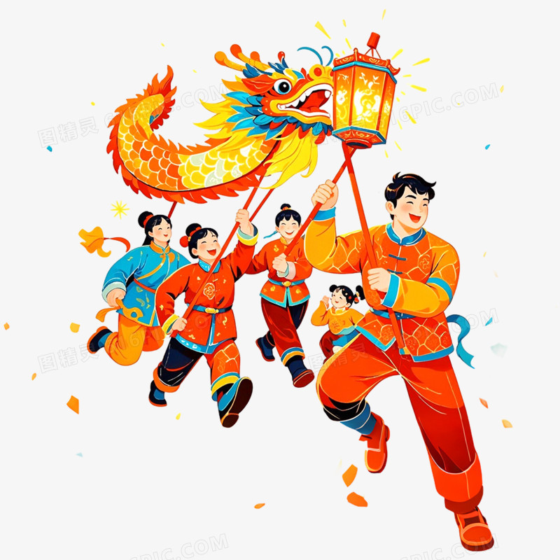 手绘插画舞龙舞狮免抠元素