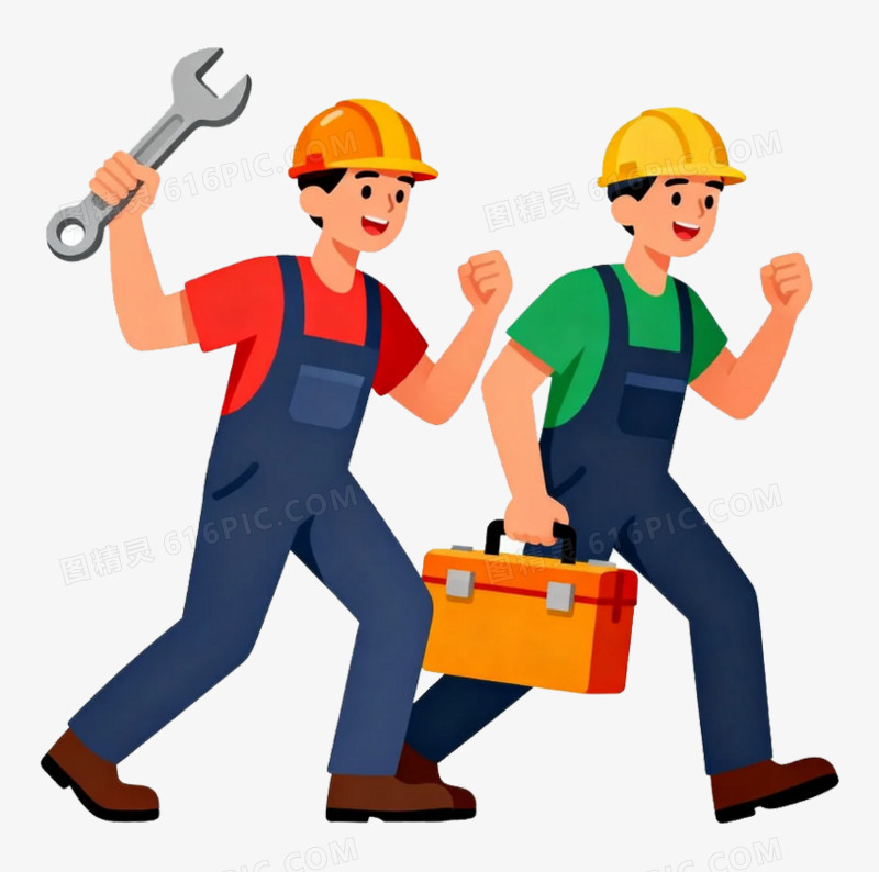 卡通拿着扳手工具箱的维修工人免抠素材