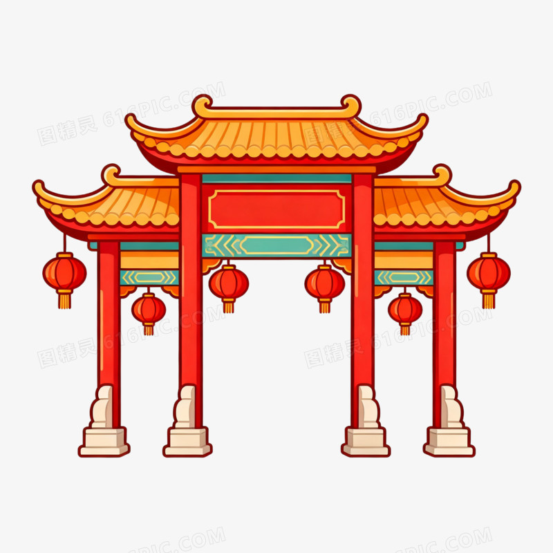 中式红色喜庆龙门牌坊建筑免抠元素