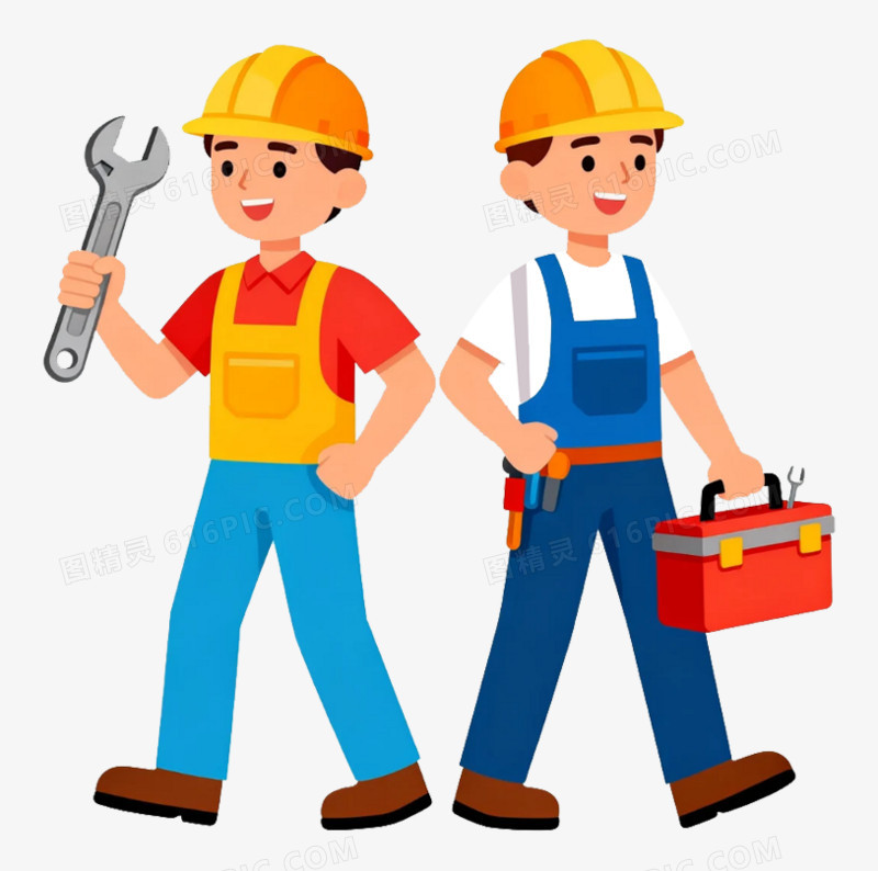 卡通拿着扳手工具箱的维修工人免抠素材