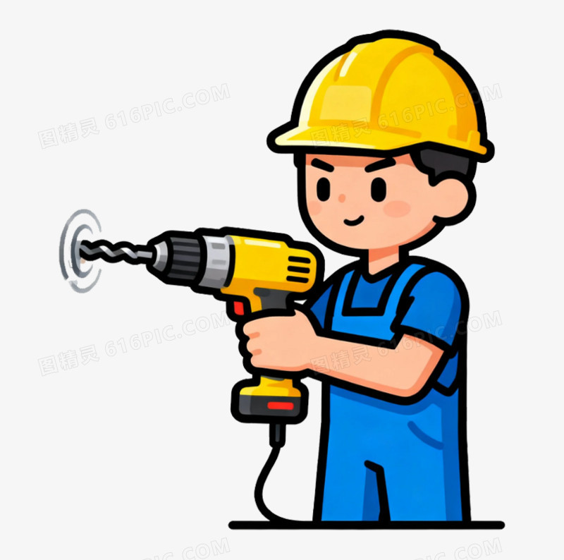 拿着电钻的卡通维修工人免抠素材