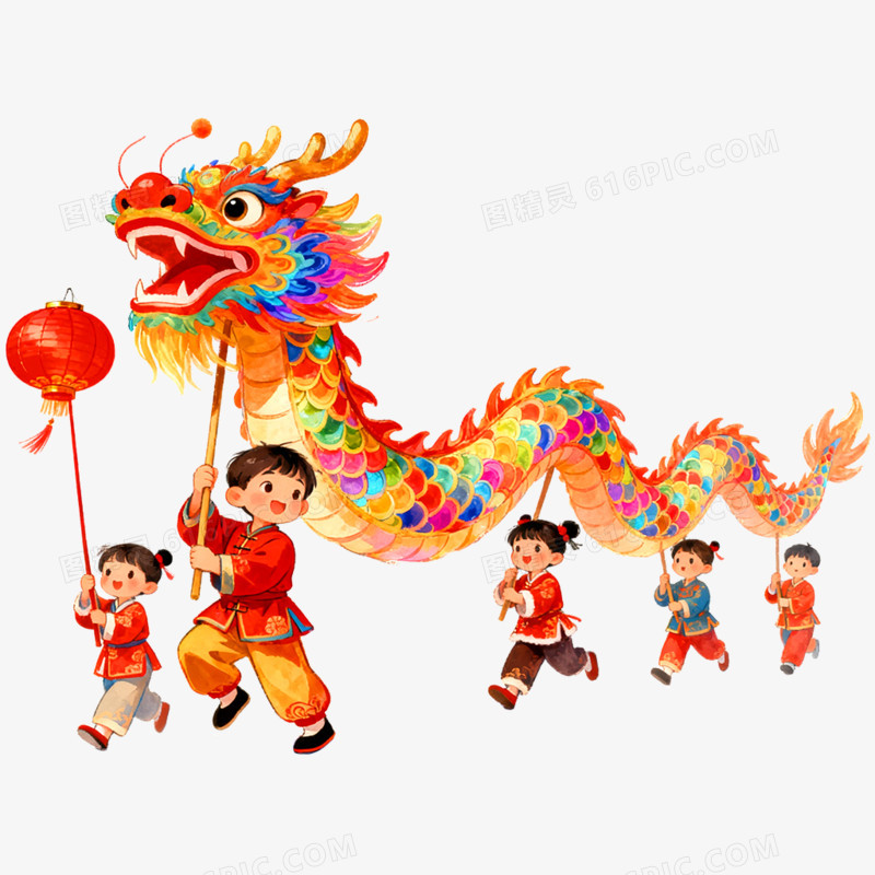 手绘插画舞龙舞狮免抠元素