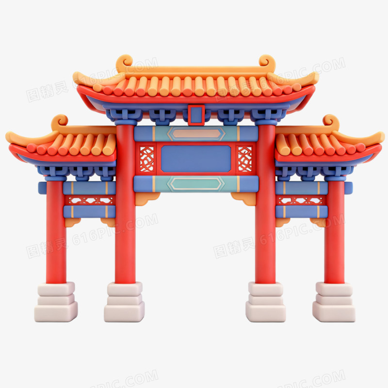 中式红色喜庆龙门牌坊建筑免抠元素