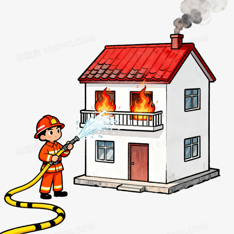 卡通消防员拿着水枪灭火免抠元素