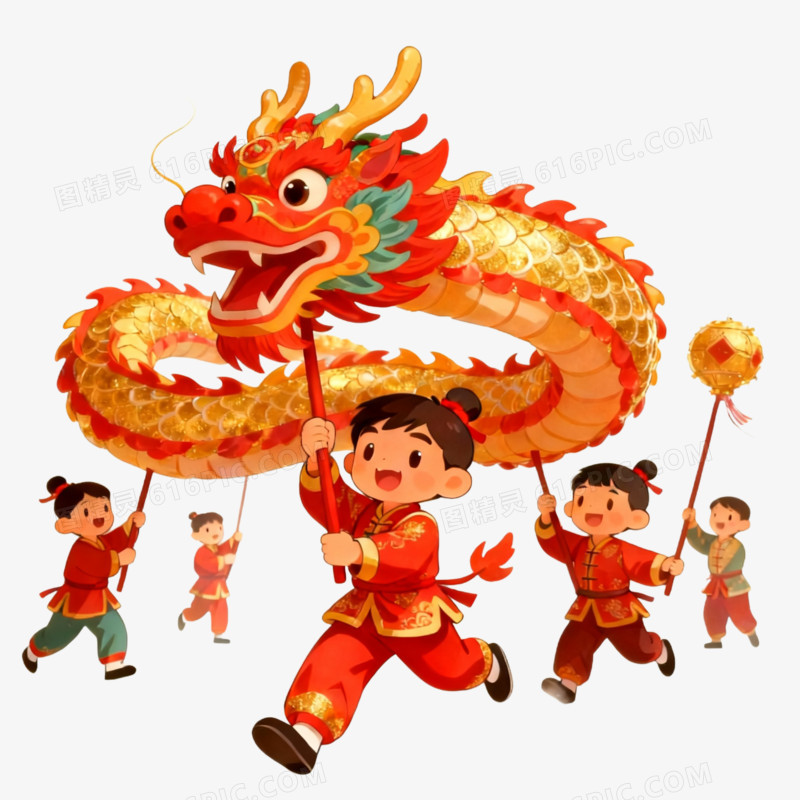 插画风喜庆春节舞龙舞狮免抠元素