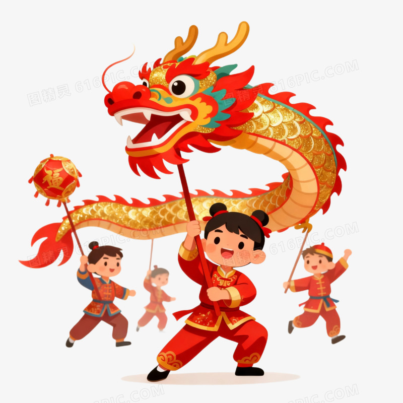 插画风喜庆春节舞龙舞狮免抠元素