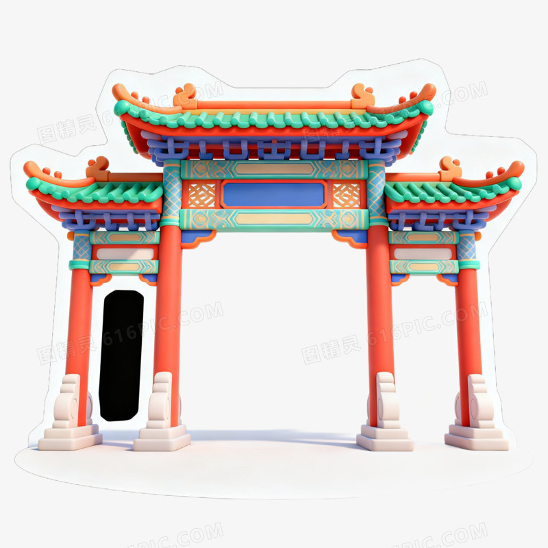 中式红色喜庆龙门牌坊建筑免抠元素