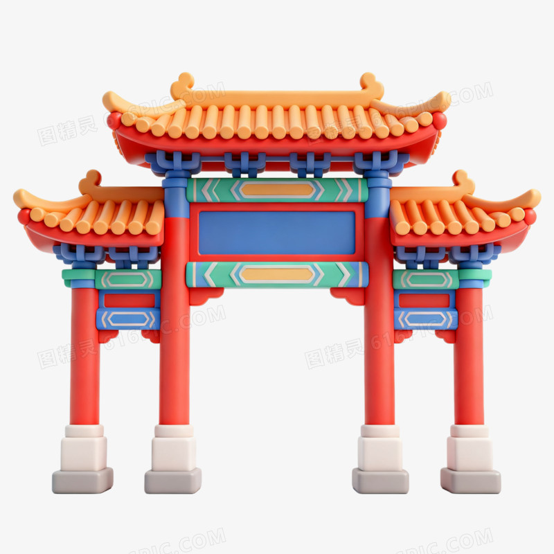 中式红色喜庆龙门牌坊建筑免抠元素