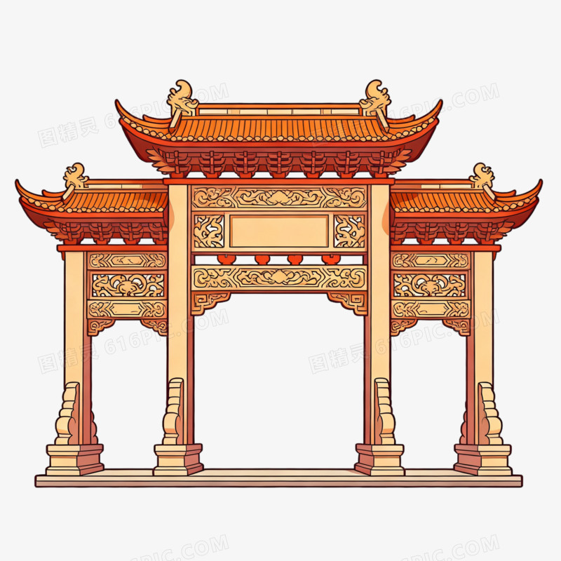 卡通手绘风牌坊免抠元素