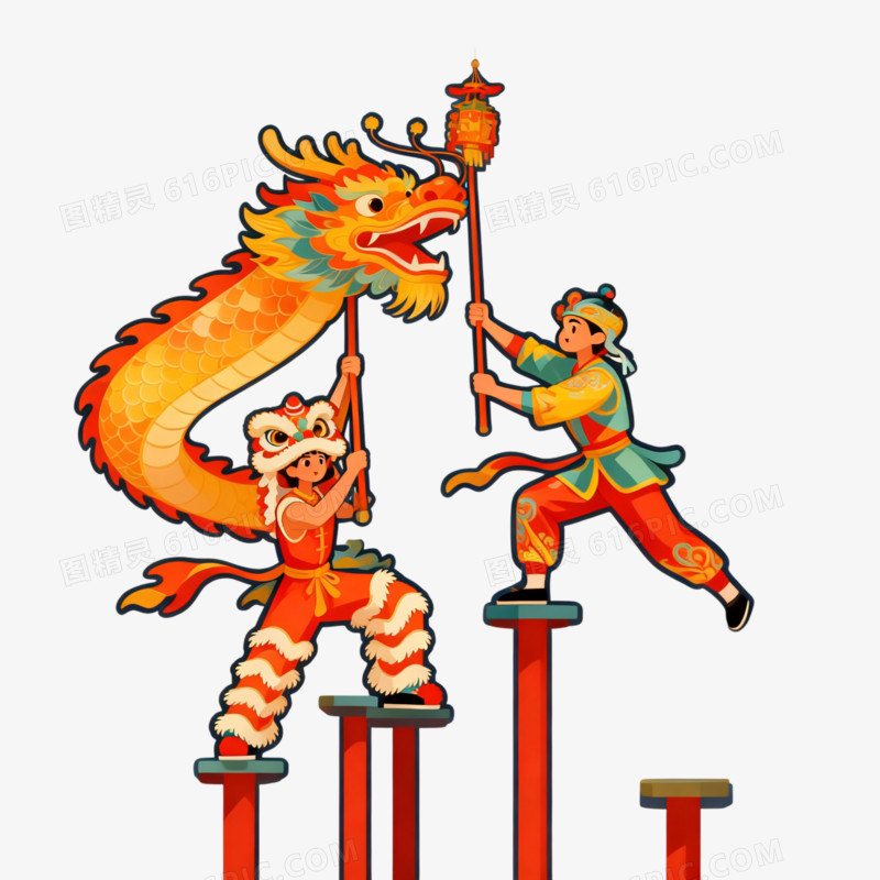 卡通风春节舞狮免抠元素