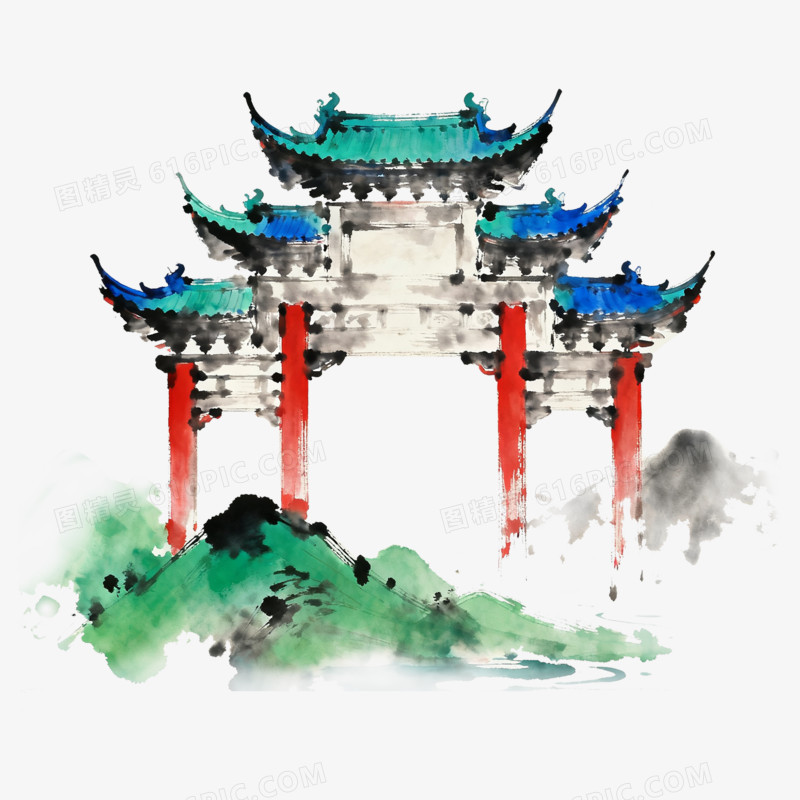 水墨风传统中式门楼免抠元素